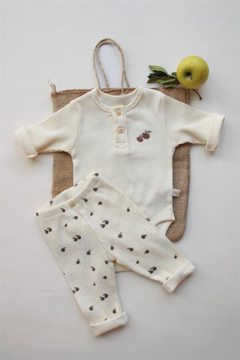 Elma Nakışlı Mona Serisi Uzun Kollu Body Tayt Set