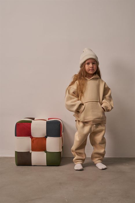 Bej Çocuk Kanguru Cepli Oversize Eşofman Takımı