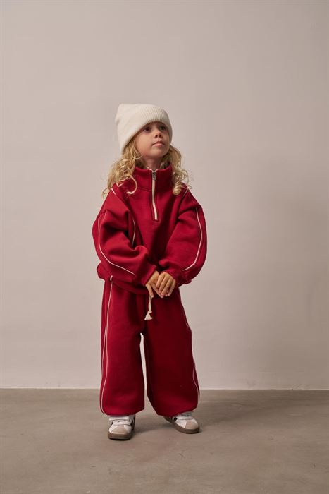 Bordo Biyeli Fermuarlı Eşofman Takım