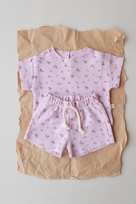 Pembe Çiçek Baskılı Waffle Şort Takım