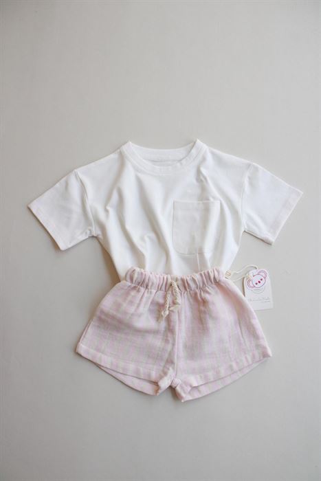 Pembe Kontrast Dikişli Asimetrik Şortlu Takım