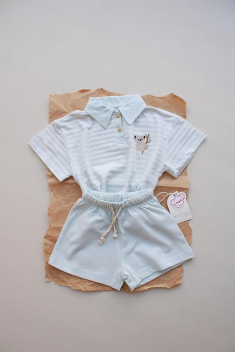 Mavi Çizgili Koala Nakışlı Polo Yaka Şortlu Takım