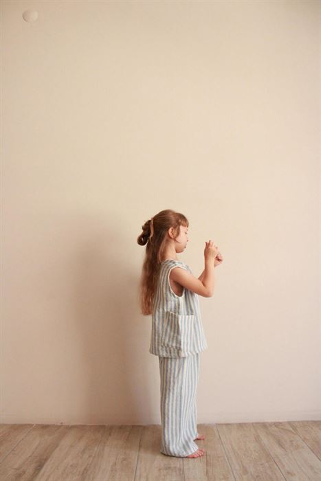 Mavi Çizgili Asimetrik Cepli Müslin Takım