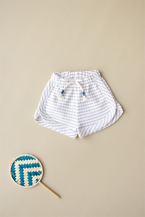 Biyeli Bağcıklı İndigo Çizgili Şort