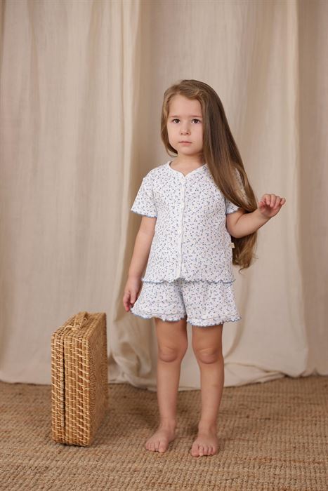 Mavi Çiçek Baskı Kız Şort Takım