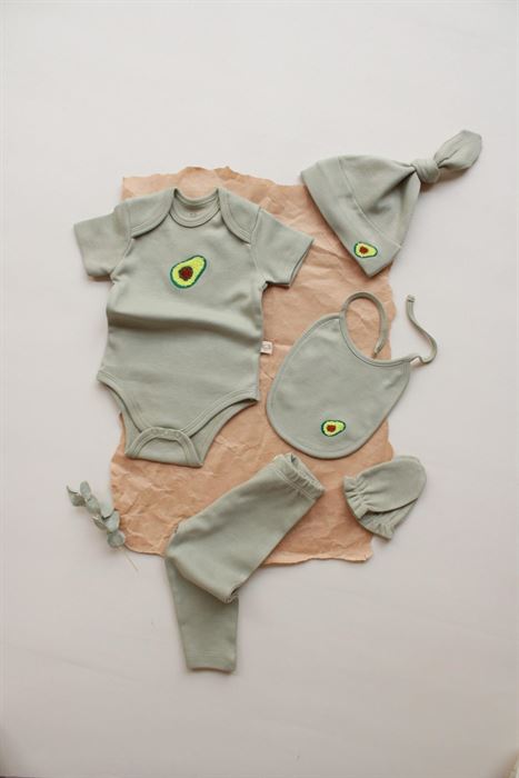 Avokado Nakışlı 5li Kısa Kollu Yenidoğan Set