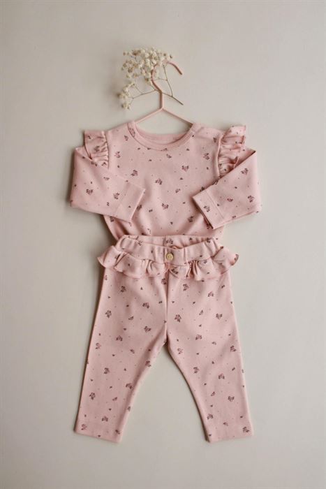 Gül Baskılı Fırfırlı Body Tayt Takım