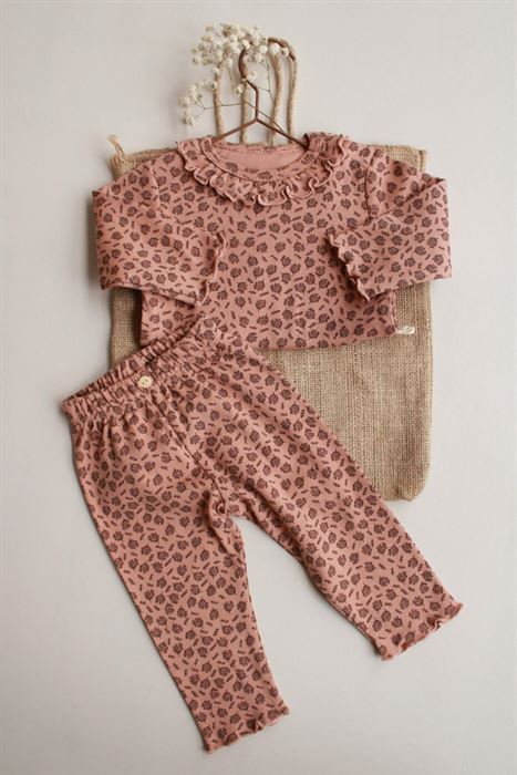 Sütlü Kahve Dal Desenli Fırfırlı Body Tayt Takım
