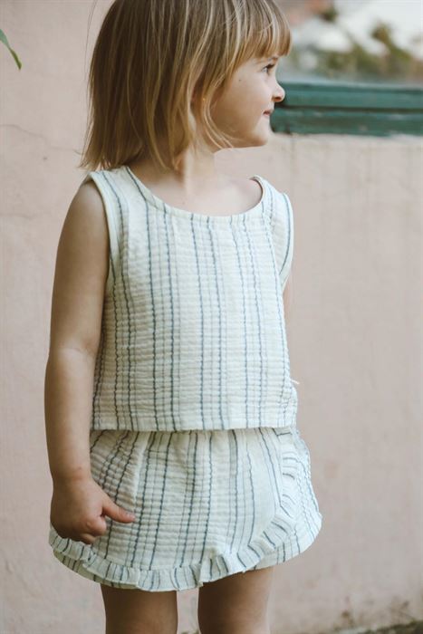 İndigo Çizgili Sırt Çapraz Detaylı Atlet ve Şort Etek Takım