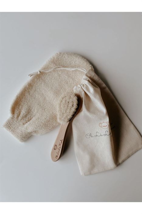 Doğal Keçi Kılı Ahşap Bebek Fırçası Ve Pamuk Bebek Banyo Kesesi 2li Set