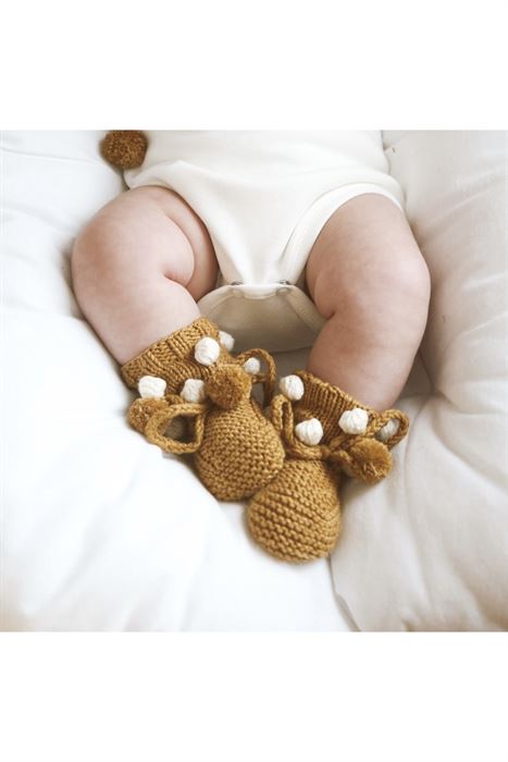 Koyu Hardal Ponponlu Örgü Patik Bebek 0-12 Ay