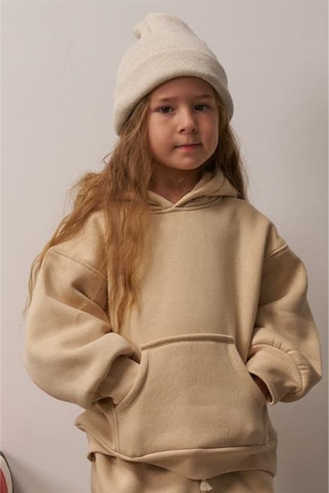 Bej Kanguru Cepli  Kapüşonlu Sweatshirt	