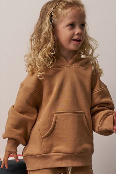 Sütlü Kahverengi Kanguru Cepli Kapüşonlu Sweatshirt