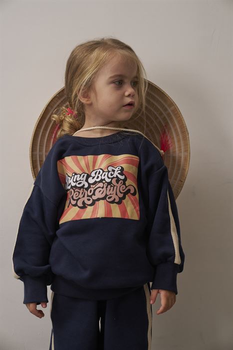 Lacivert Retro Baskılı Çocuk Sweatshirt
