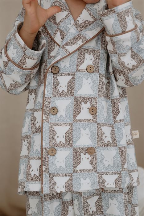 Kedi Desenli Yaka Detaylı Pijama Üst