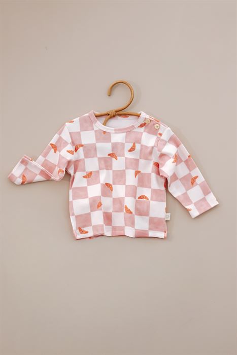 Damalı Kruvasan Desenli  Düğme Detaylı Bebek Üst