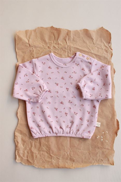 Pembe Çiçek Düğme Detaylı Waffle Üst