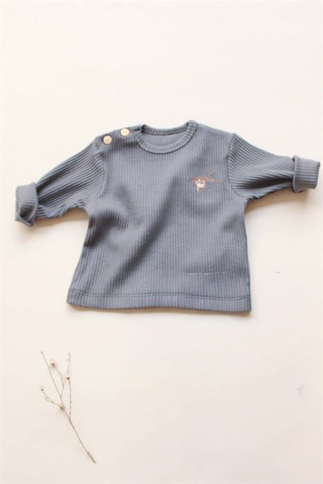 Antrasit  Sloth Nakışlı Düğme Detaylı Bebek Üst